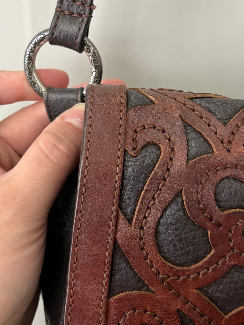 Brighton Brown and Dark-Brown Leather Crossbody with Decorative Cutwork - Picture 5 of 9